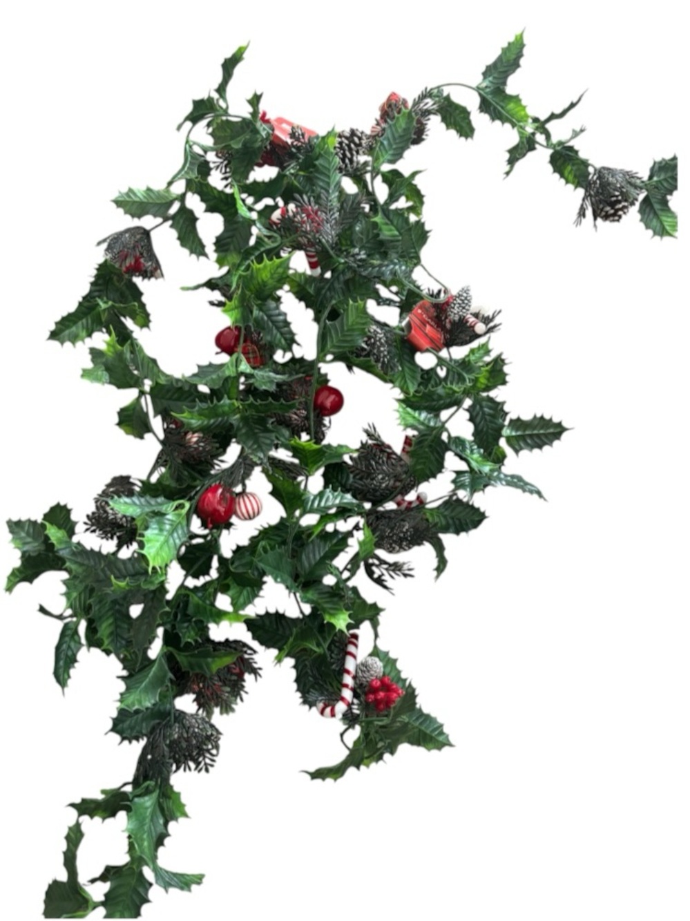 2 Strands Vintage 9' Christmas Holly & Pine Garland w/ Ornament+Blow Mold Candy